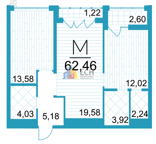 Продажа 2 комнатной квартиры, 62.46 м2, Тульская область, муниципальное образование Тула, посёлок Петровский, Центральная улица 5