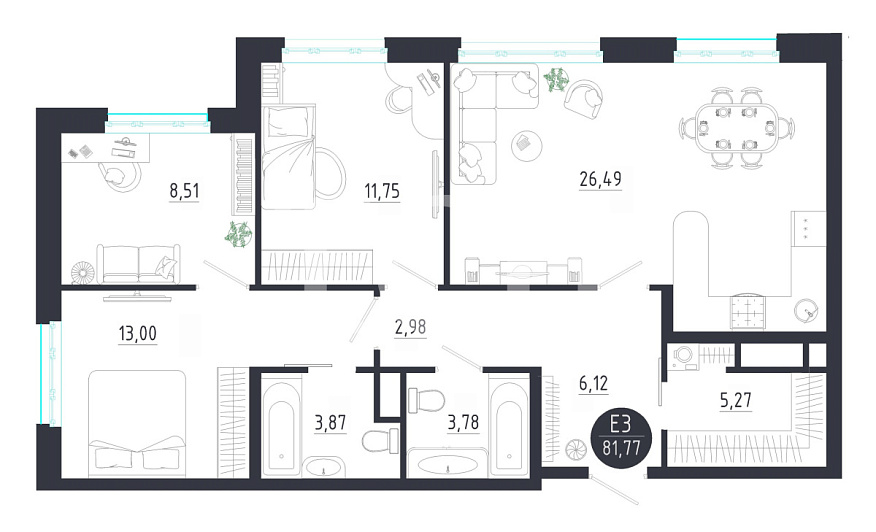 Многокомнатная квартира, 88.1 м2, обл. Тульская, г. Тула, улица Сурикова, 22 12