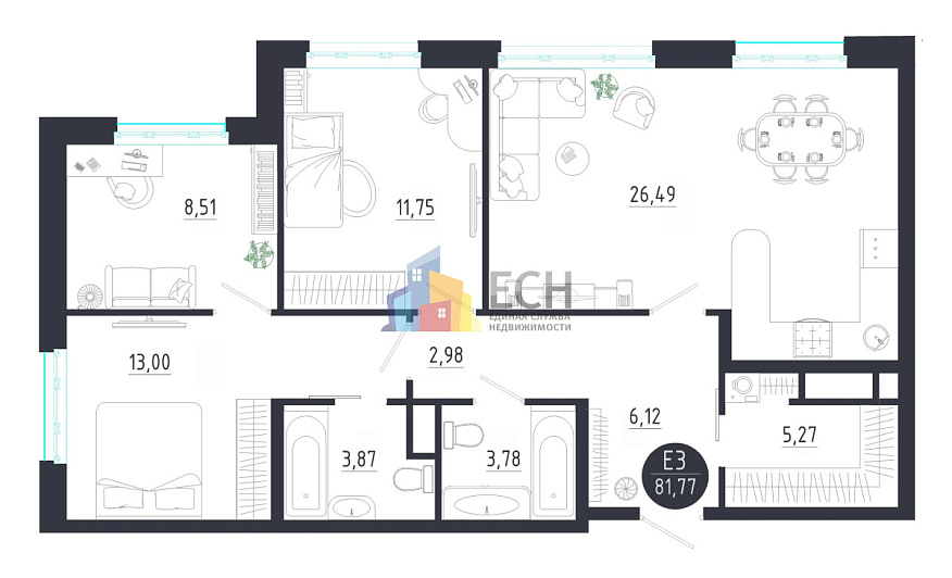 Многокомнатная квартира, 88.1 м2, обл. Тульская, г. Тула, улица Сурикова, 22 12