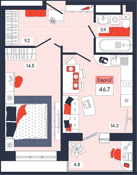 Продажа 1 комнатной квартиры, 46.7 м2, обл. Тульская, г. Тула, улица Академика Насоновой, 9 15