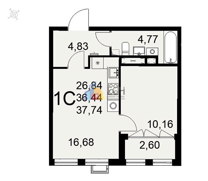 Продажа 1 комнатной квартиры, 37.74 м2, г. Тула, ул. Фёдора Смирнова, д. 2 12