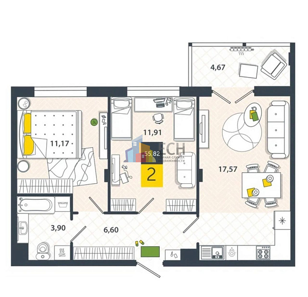 Продажа 2 комнатной квартиры, 55.15 м2, обл. Тульская, г. Тула, Самоварная улица, 8А 10