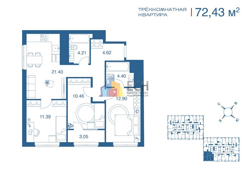 Продажа 3 комнатной квартиры, 72.43 м2, г. Тула, ул. Рязанская, стр. 1 4