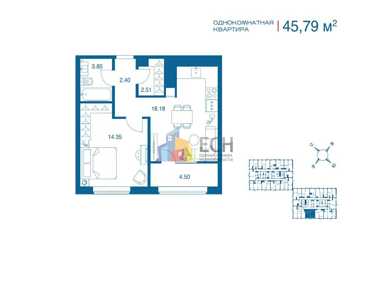 Продажа 1 комнатной квартиры, 45.79 м2, г. Тула, ул. Рязанская, стр. 1 8