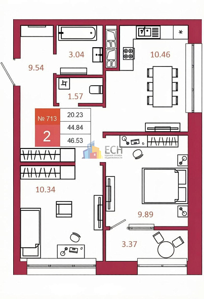 Продажа 2 комнатной квартиры, 46.2 м2, обл. Тульская, г. Тула, Калужское шоссе, 20к2 21