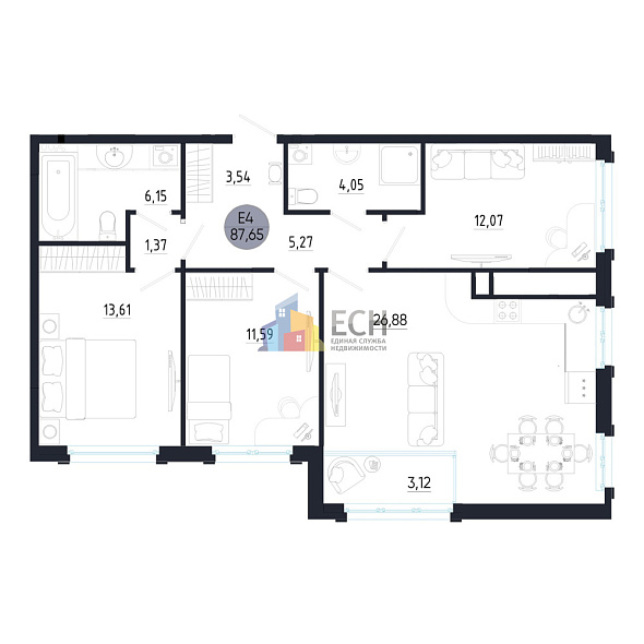 Многокомнатная квартира, 88.1 м2, обл. Тульская, г. Тула, улица Сурикова, 22 12