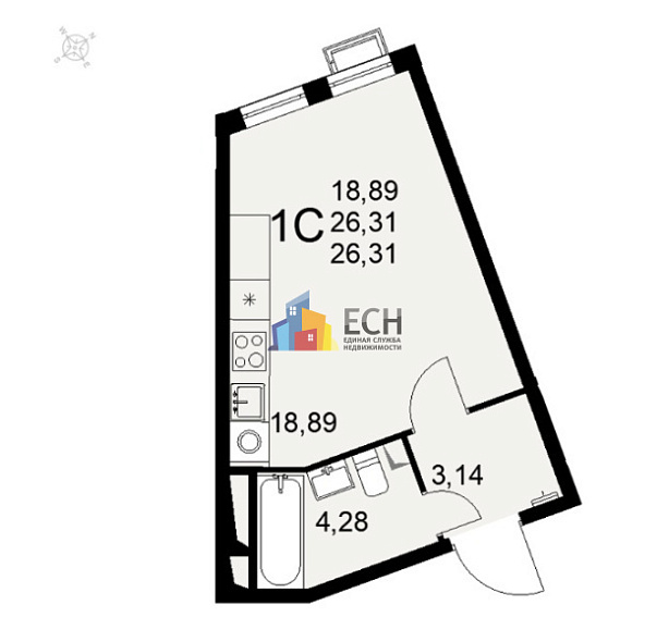 Продажа Студия комнатной квартиры, 26.31 м2, обл. Тульская, г. Тула, улица Фёдора Смирнова, 2к1 36
