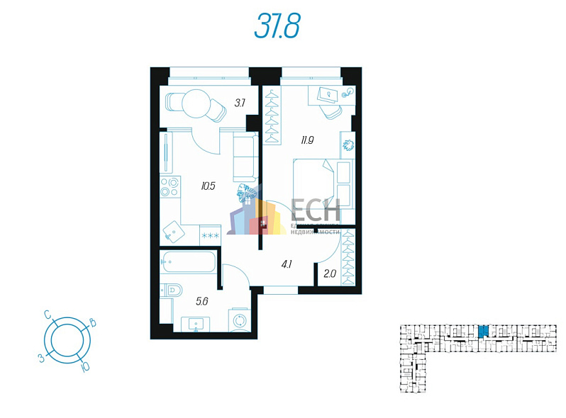 Продажа 1 комнатной квартиры, 37.8 м2, обл. Тульская, г. Тула, улица Михеева, 9 7