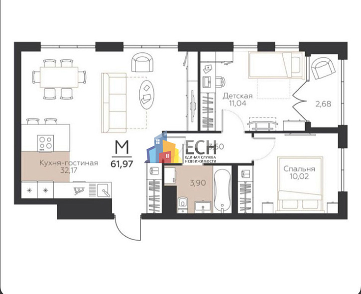 Продажа 2 комнатной квартиры, 61.97 м2, обл. Тульская, г. посёлок Молодёжный, улица Вадима Усова, 24 6