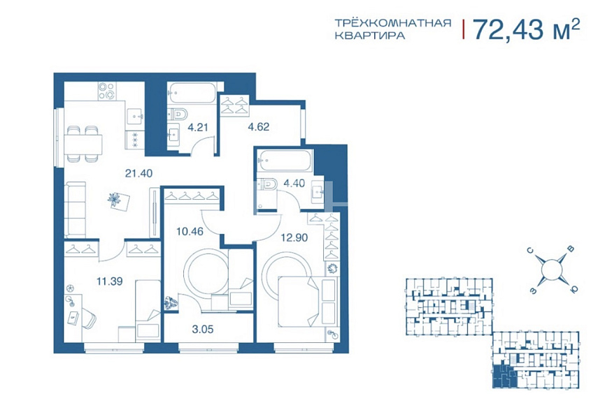 Продажа 3 комнатной квартиры, 72.43 м2, г. Тула, ул. Рязанская, стр. 1 4