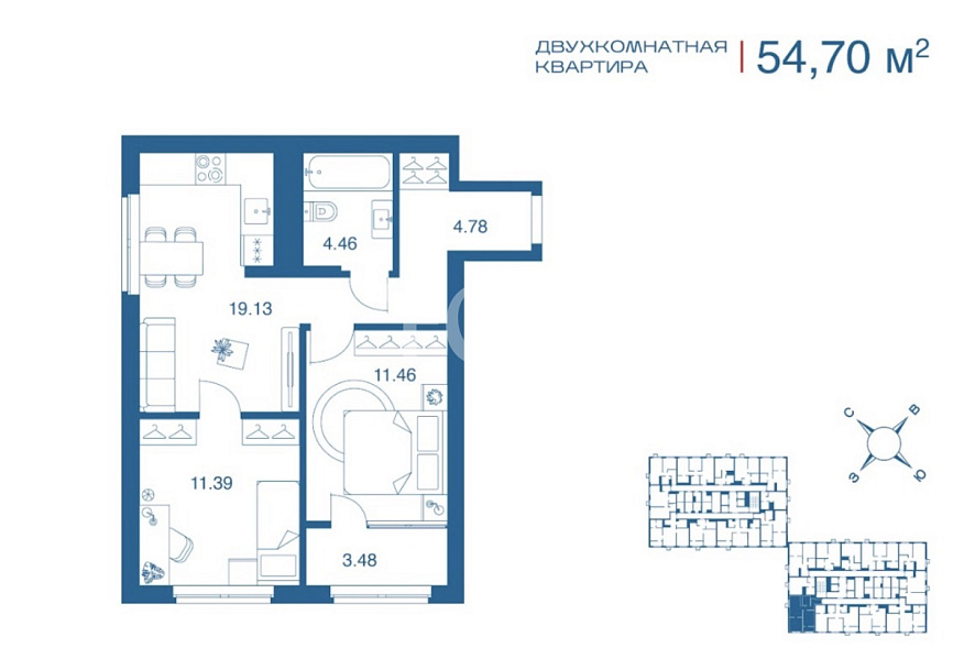 Продажа 2 комнатной квартиры, 54.7 м2, г. Тула, ул. Рязанская, стр. 1 4