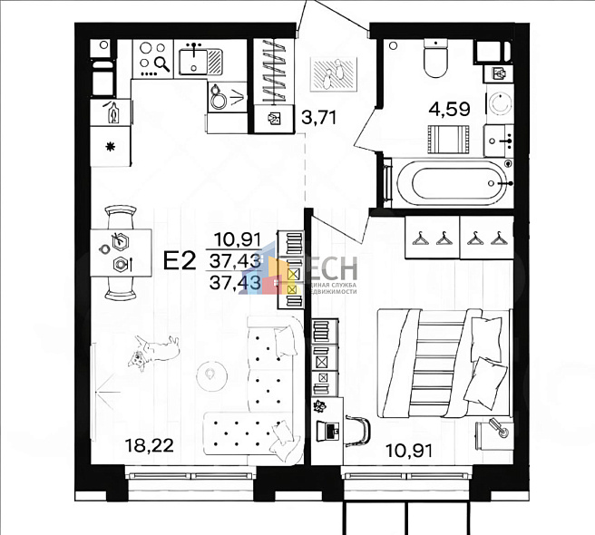 Продажа 2 комнатной квартиры, 37.43 м2, обл. Тульская, г. Тула, ЖК Гармония 11
