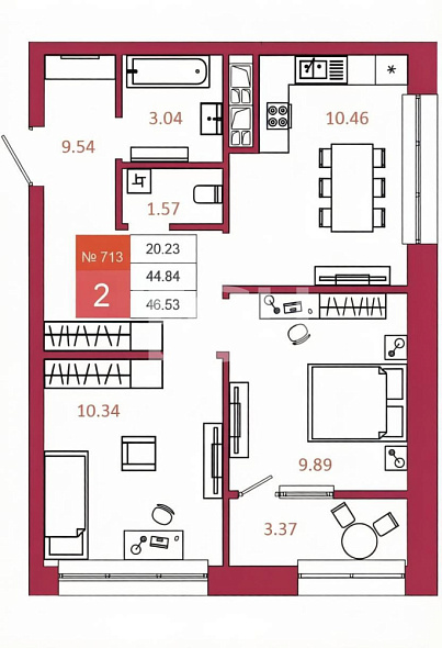 Продажа 2 комнатной квартиры, 46.2 м2, обл. Тульская, г. Тула, Калужское шоссе, 20к2 21
