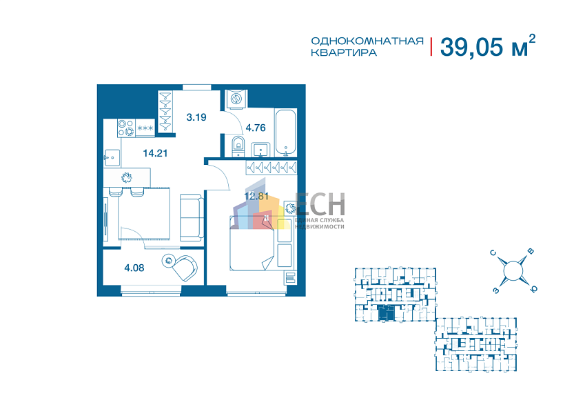Продажа 1 комнатной квартиры, 39.05 м2, г. Тула, ул. Рязанская, стр. 2 4