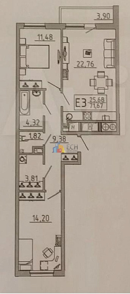 Продажа 2 комнатной квартиры, 71.7 м2, обл. Тульская, г. Тула, улица Карпова, 98к3 1