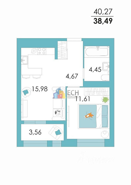 Продажа 2 комнатной квартиры, 40.3 м2, обл. Тульская, г. село Осиновая Гора, улица Героя России Макаровца, 3 18