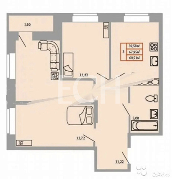 Продажа 3 комнатной квартиры, 68 м2, обл. Тульская, г. Тула, улица Генерала Маргелова, 3А 12