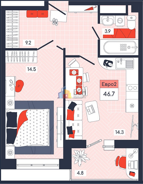 Продажа 1 комнатной квартиры, 46.7 м2, обл. Тульская, г. Тула, улица Академика Насоновой, 9 15