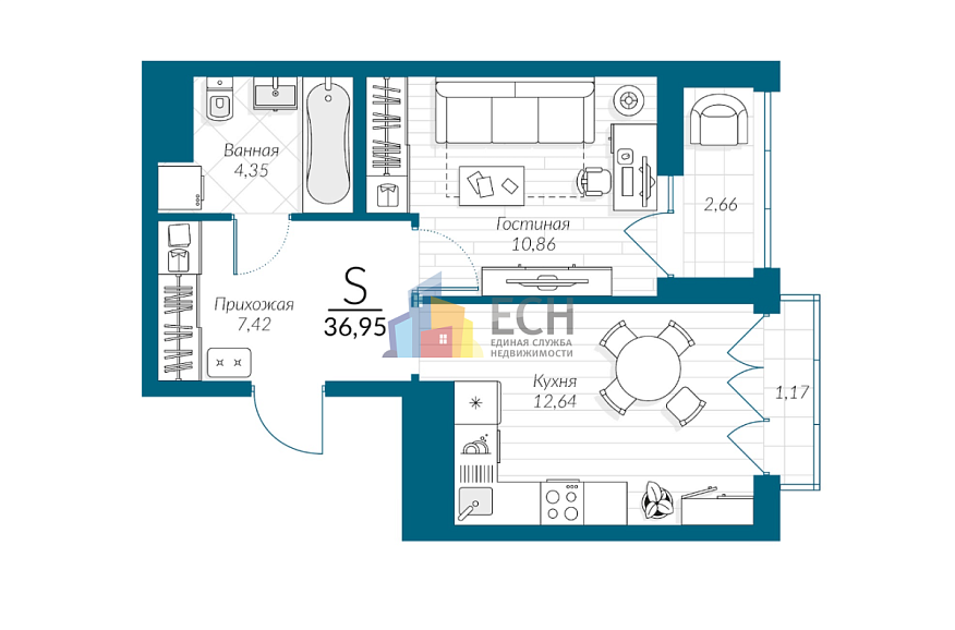 Продажа 1 комнатной квартиры, 35.7 м2, обл. Тульская, г. микрорайон Петровский квартал, улица Маршала Полубоярова, 4 1