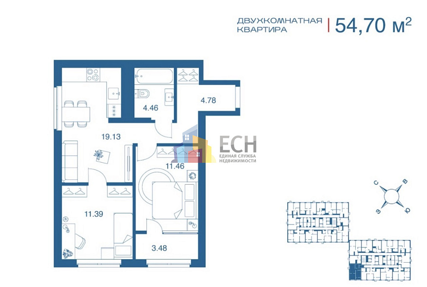 Продажа 2 комнатной квартиры, 54.7 м2, г. Тула, ул. Рязанская, стр. 1 4