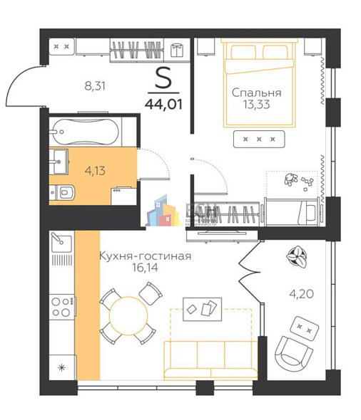Продажа 1 комнатной квартиры, 44 м2, обл. Тульская, г. посёлок Молодёжный, улица Вадима Усова, 28 4